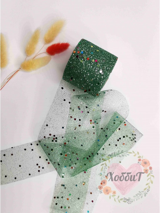 Фатин с блестками и пайетками 5,5см (темно-зеленый)